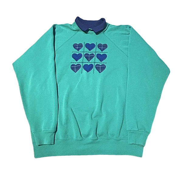 Vintage Hanes Cottagecore Heart Sweatshirt Green Blue 90s Made in USA XL - Picture 3 of 13
